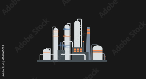 Industrial Refinery Complex with Distillation Towers and Storage Tanks.