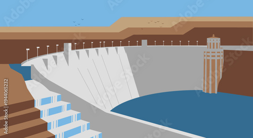 Massive concrete dam holding back a large body of water.