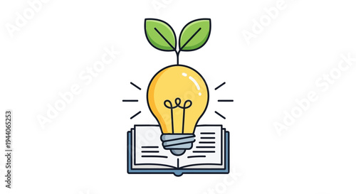 Lightbulb Growing From Open Book Symbolizing Knowledge and Ideas.