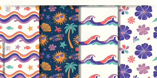 Summertime backgrounds with ocean waves, flowers, suns, corals, shells. Tropical seamless patterns in groovy style with texture