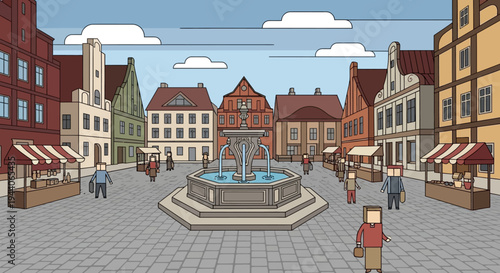 Medieval Town Square with Fountain and Market Stalls.