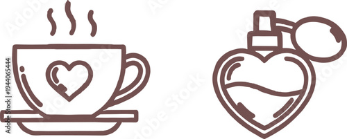 Hand Drawn Heart Coffee Cup and Perfume Bottle Vector Icon Set for Romantic Branding, Valentine Designs, Beauty Blogs, and Cafe Logos