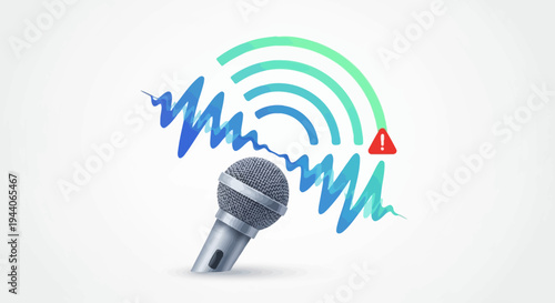 Microphone with Sound Waves and Warning Signal.