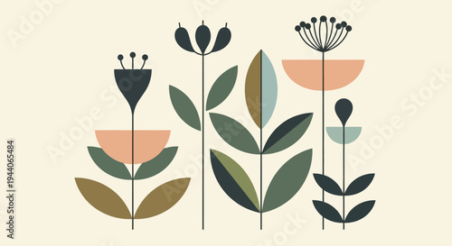 Mid-century Modern Abstract Floral Illustration.