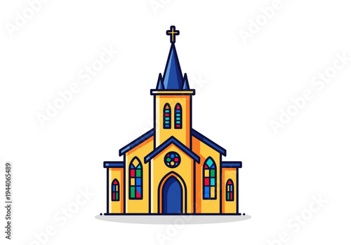 Stylized yellow church building with stained glass windows and a cross on top