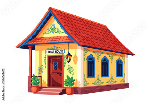 Charming yellow guest house with red tiled roof and decorative blue accents
