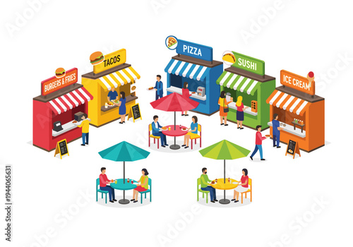 Isometric food court with diverse stalls and people enjoying outdoor dining