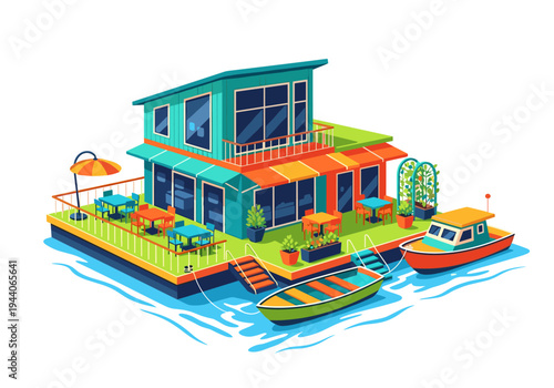 Isometric floating restaurant with outdoor seating and boats docked at the pier