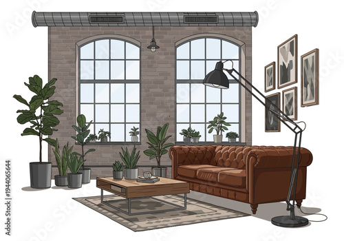 Stylish loft living room with tufted leather sofa, coffee table, and an array of potted plants in front of large windows