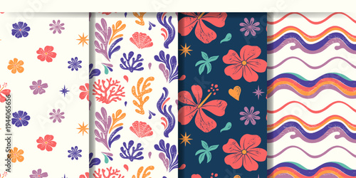 Summertime backgrounds with waves, flowers, corals. Tropical seamless patterns in groovy style with texture