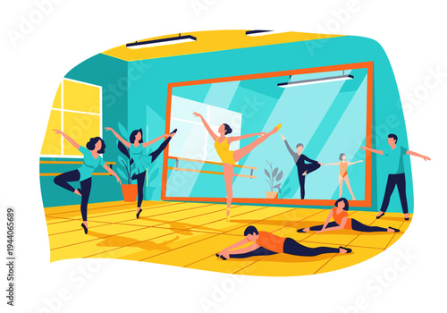 Diverse group of people practicing ballet and stretching in a bright dance studio with mirrors