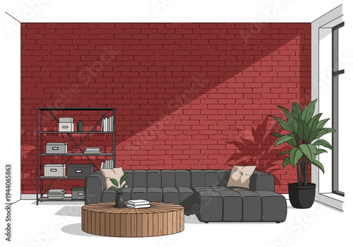 Cozy living room interior with a plush sectional sofa, wooden coffee table, and large window casting sunlight on a red brick wall