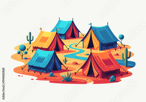 Vibrant desert campsite illustration with colorful tents and a winding river