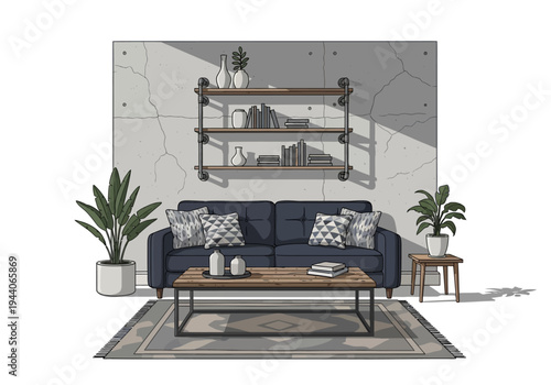 Cozy Modern Living Room with Bookshelf, Sofa, and Plants in a Minimalist Style
