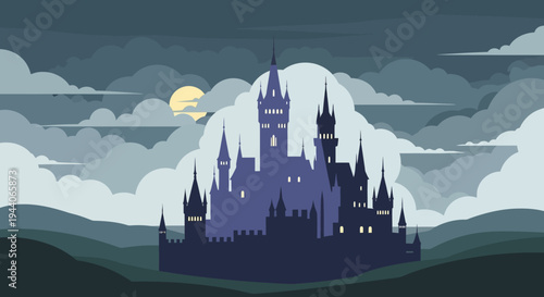 Mysterious Gothic Castle Silhouette Under Moonlit Sky.