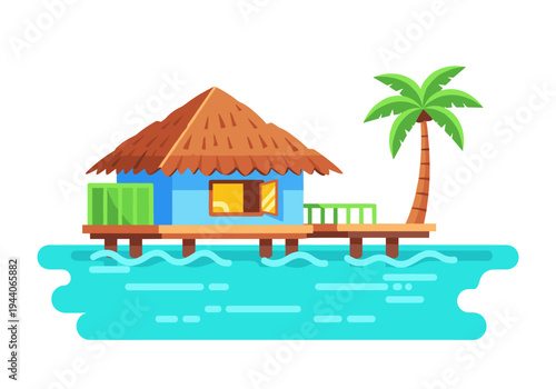 Tropical overwater bungalow with palm tree and turquoise ocean waves