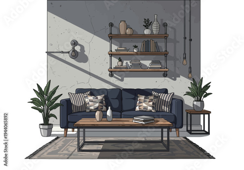 Cozy modern living room with a blue sofa, coffee table, plants, and industrial shelves