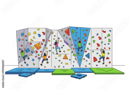 Diverse group of people enjoying indoor rock climbing on a colorful bouldering wall