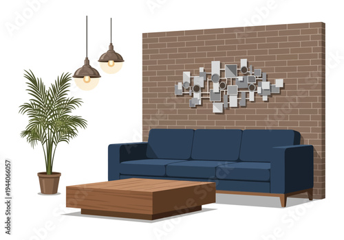 Modern living room with a blue sofa, wooden coffee table, potted palm, and brick wall decor