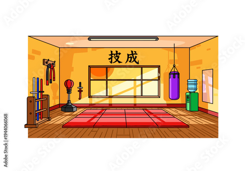 Martial arts dojo interior with training equipment and Japanese calligraphy on the wall