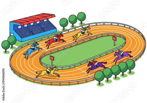Isometric horse race on a track with grandstand and trees, vibrant cartoon style