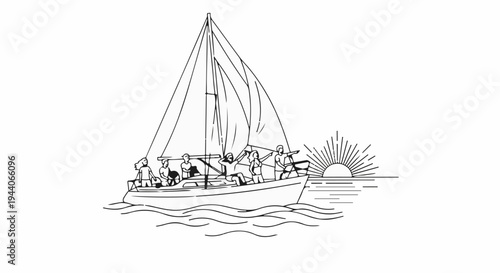 Sailors enjoy a boat ride on the ocean at sunset, with a radiating sun