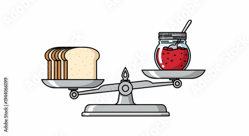 Slices of bread and a jar of jam on a scale showing balance