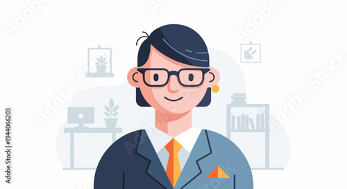 Professional woman in a suit with glasses, in an office setting