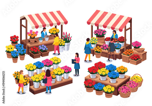 Isometric flower market scene with people buying and selling colorful blooms
