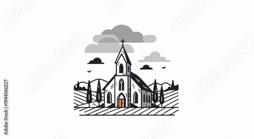 Stylized country church with steeple, fields, and clouds