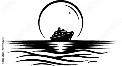 Stylized cruise ship sailing on wavy sea under a large circular moon