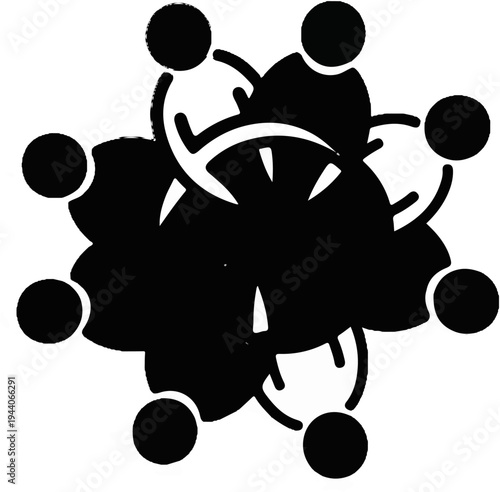 Stylized icon of people in a circle around a central object