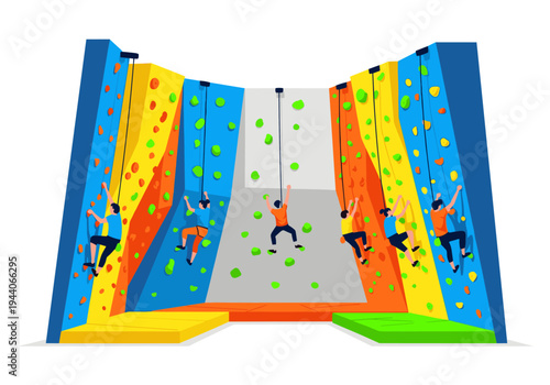Diverse group of people enjoying indoor rock climbing on colorful walls at a gym