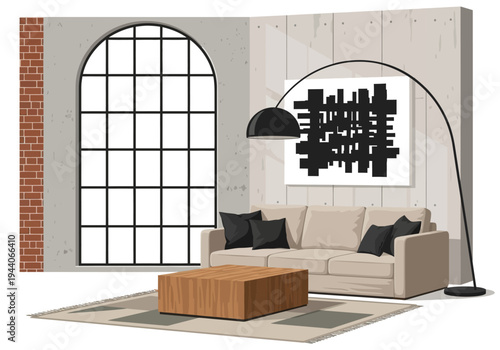 Modern Living Room with Large Window and Abstract Art
