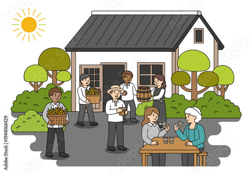 Diverse group of people celebrating harvest and enjoying drinks outside a building