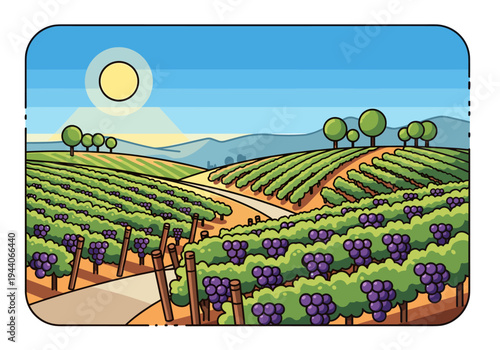 Vibrant vineyard landscape with rolling hills and ripe purple grapes under a sunny sky