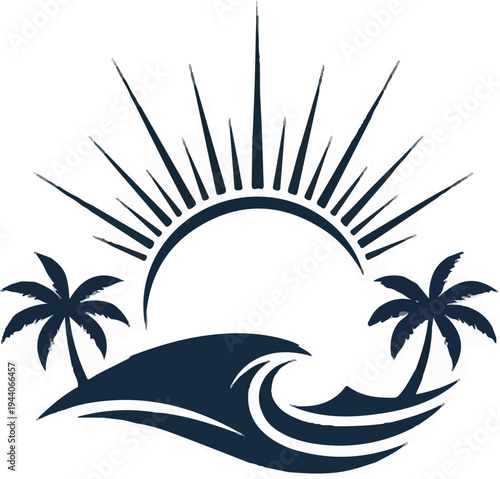 Stylized sun over ocean waves with palm trees