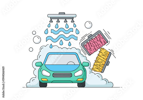 Modern car getting a thorough wash with water jets and brushes at a car wash station