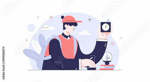 Young person with backpack and hat studies by a light bulb