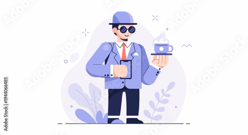 A stylized man in a suit and hat holds a phone and a steaming cup of coffee