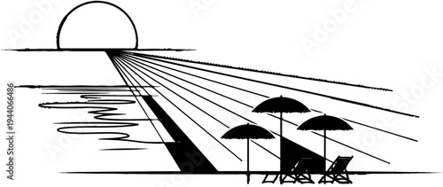 Stylized sunset over ocean with umbrellas and loungers on beach