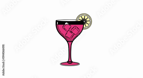 A pink cocktail with ice cubes and lemon slice in a coupe glass