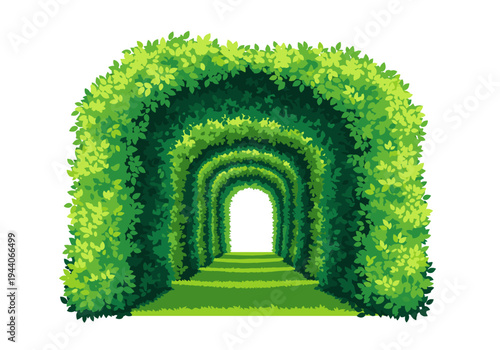 Green hedge tunnel with arched openings and a path leading to bright light