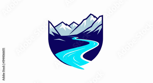 Stylized shield with snow-capped mountains and a winding river