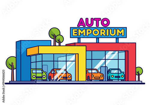 Modern cartoon auto emporium building with colorful cars on display