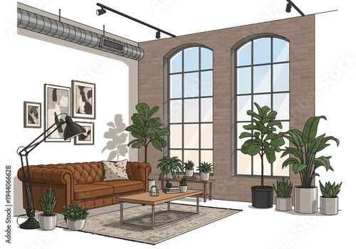 Bright and Airy Loft Living Room with Industrial Charm and Lush Greenery