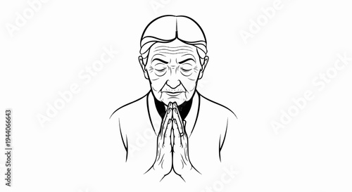 A black and white sketch depicts an elderly person with closed eyes in a prayerful pose