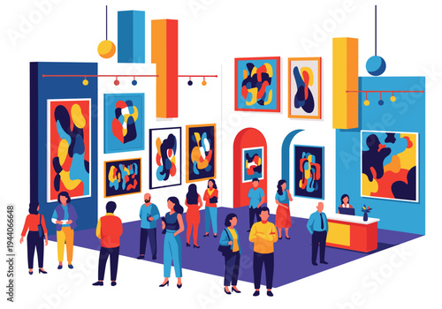 Diverse group of people admiring abstract art in a modern gallery exhibition