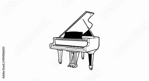 A black and white sketch of an open grand piano with a sheet music stand