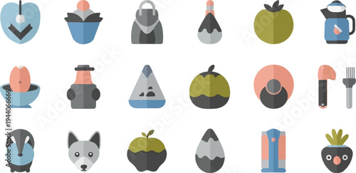 Assorted flat icon graphics with nature and objects